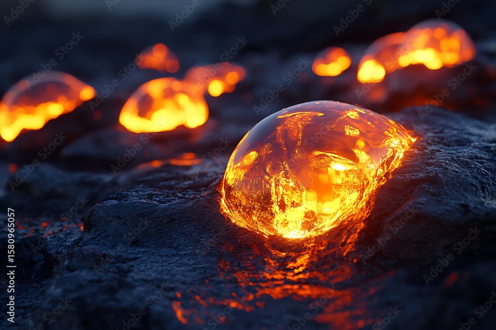 Poster molten glass blobs hovering over a volcanic rock surface, glowing softly from within