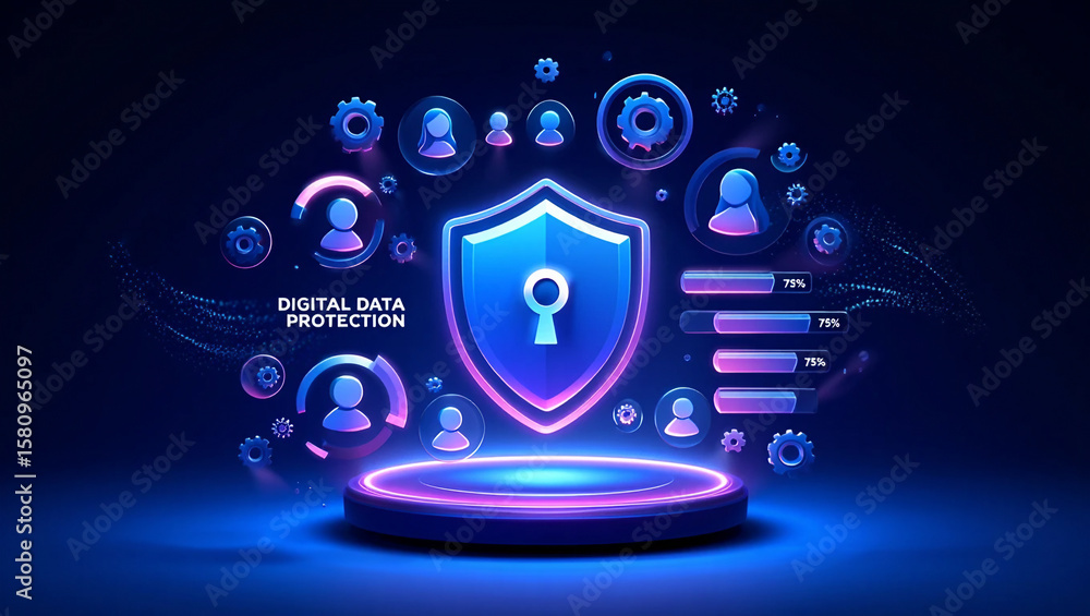Poster digital shield with user icons and progress bars data protection