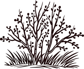Leafless bush illustration with berries and tall grass on white background, hand drawn woodcut