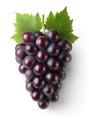 Fototapeta premium Bunch of dark purple grapes and grape leaves isolated on a white background