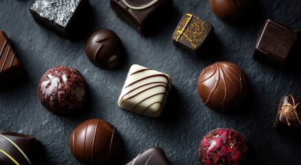 Flat lay of chocolate bonbons on black background for text or graphics