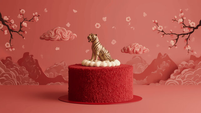 A golden tiger sits atop a red cake, celebrating Chinese New Year. - Powered by Adobe