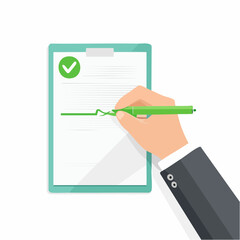 Person signs document with green checkmark on clipboard approval