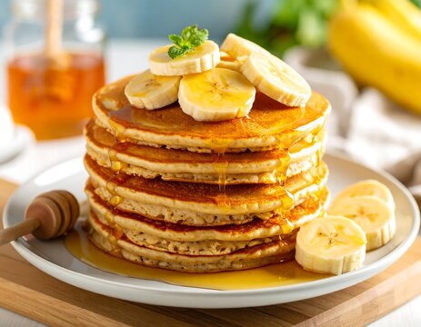 Stack of golden pancakes topped with sliced bananas and honey drizzle