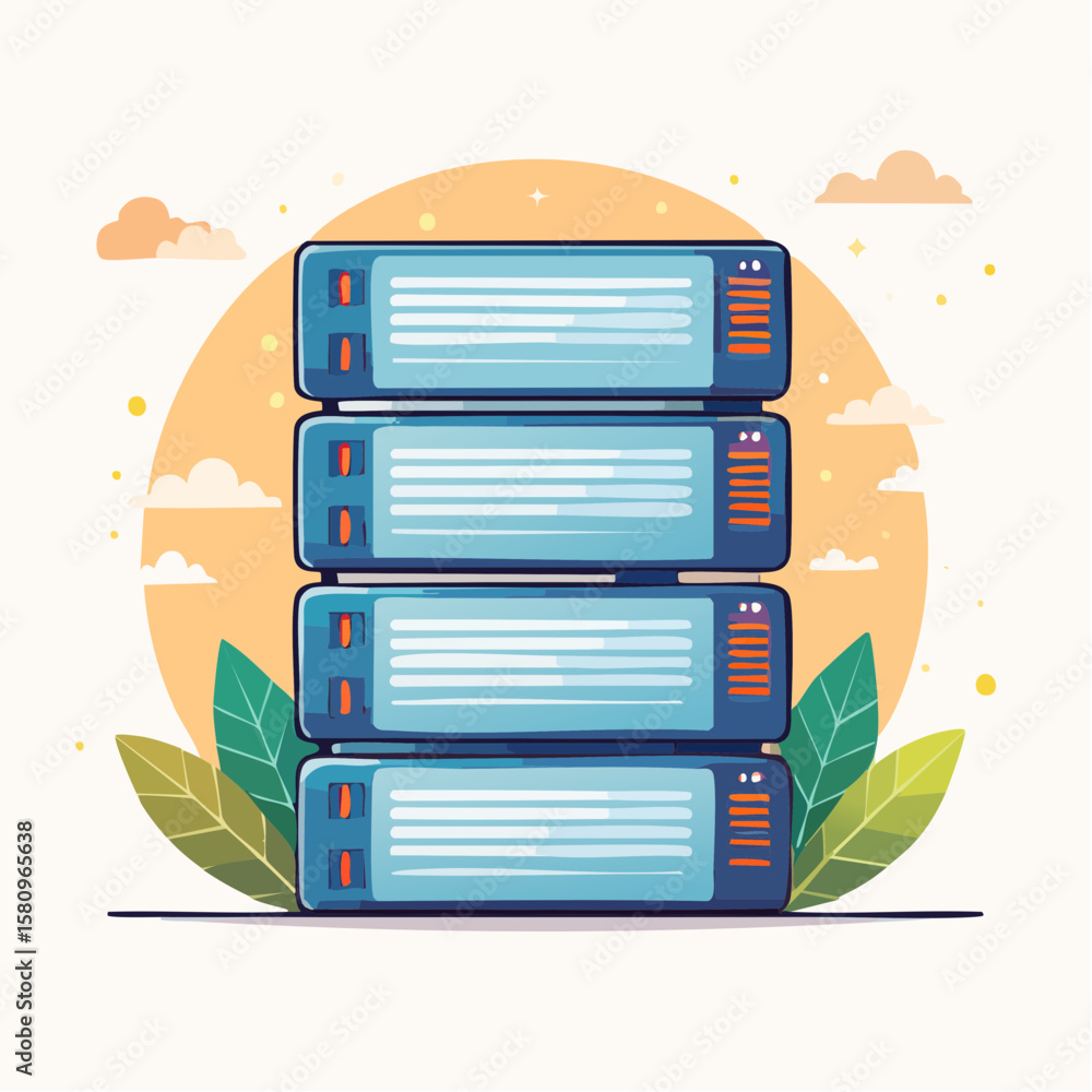 Poster stylized server rack where servers appear as books at data center