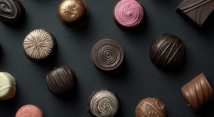 Flat lay of chocolate bonbons on black background for text or graphics