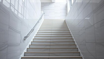 Obraz premium Modern light grey tiled staircase ascending to upper floor, tile flooring, hallway