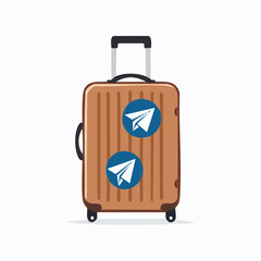 Suitcase decorated with travel stickers including a Paper Airplane Sticker
