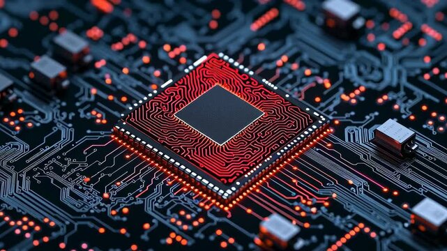 A close-up view of a glowing red computer microchip on a detailed, illuminated circuit board.