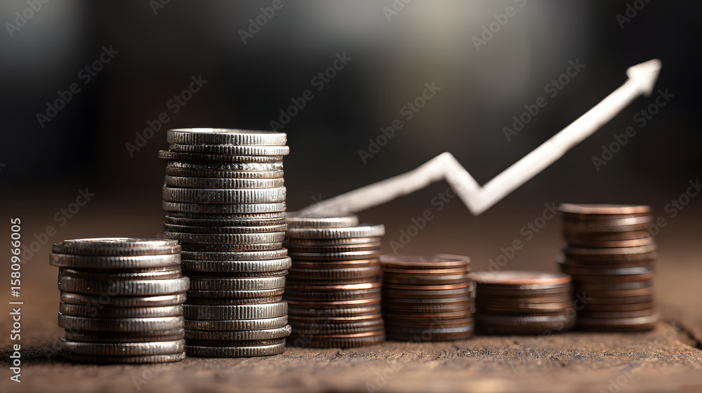 Poster stack of coins next to a upward curve symbolizing rising costs due to inflation