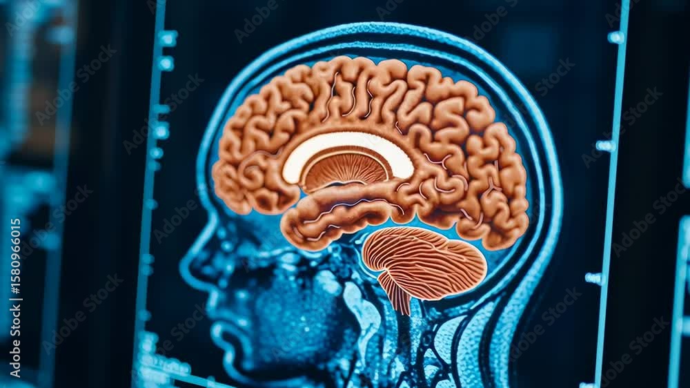 Poster a detailed brain scan image displayed on a digital screen, highlighting different regions and anatom