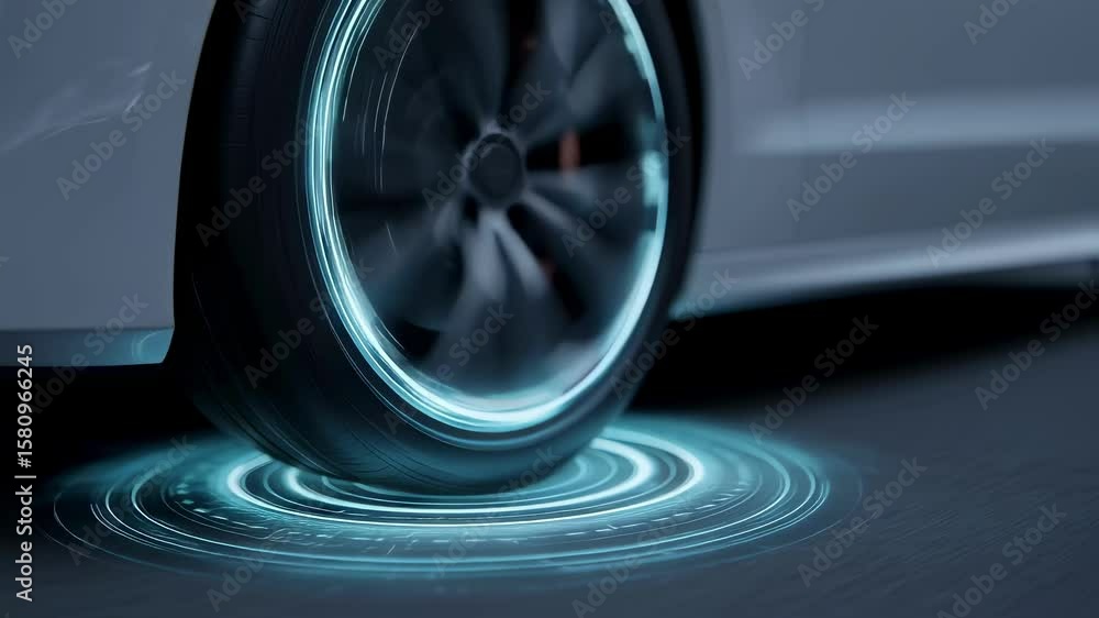 Poster futuristic car wheel glows with a neon light effect, positioned on a digital display with circular p