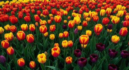 Vibrant Red Yellow Orange Tulips Blooming in Spring Garden