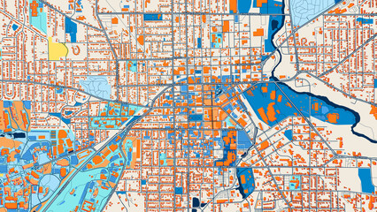 Naklejka premium Colorful Kalamazoo Street Map with Labels and Buildings