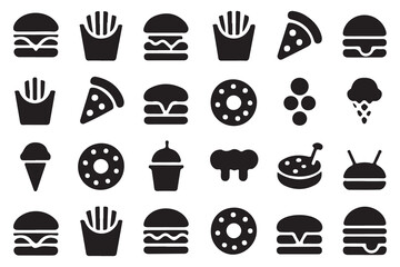 Black icons of burgers fries pizza donuts ice cream and drinks hamburger french fries