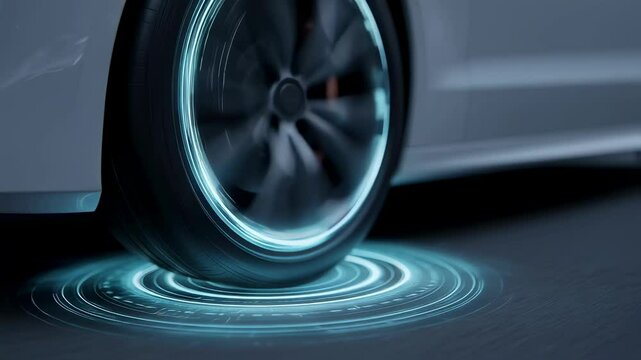 Futuristic car wheel glows with a neon light effect, positioned on a digital display with circular patterns, symbolizing innovation in automotive technology and design