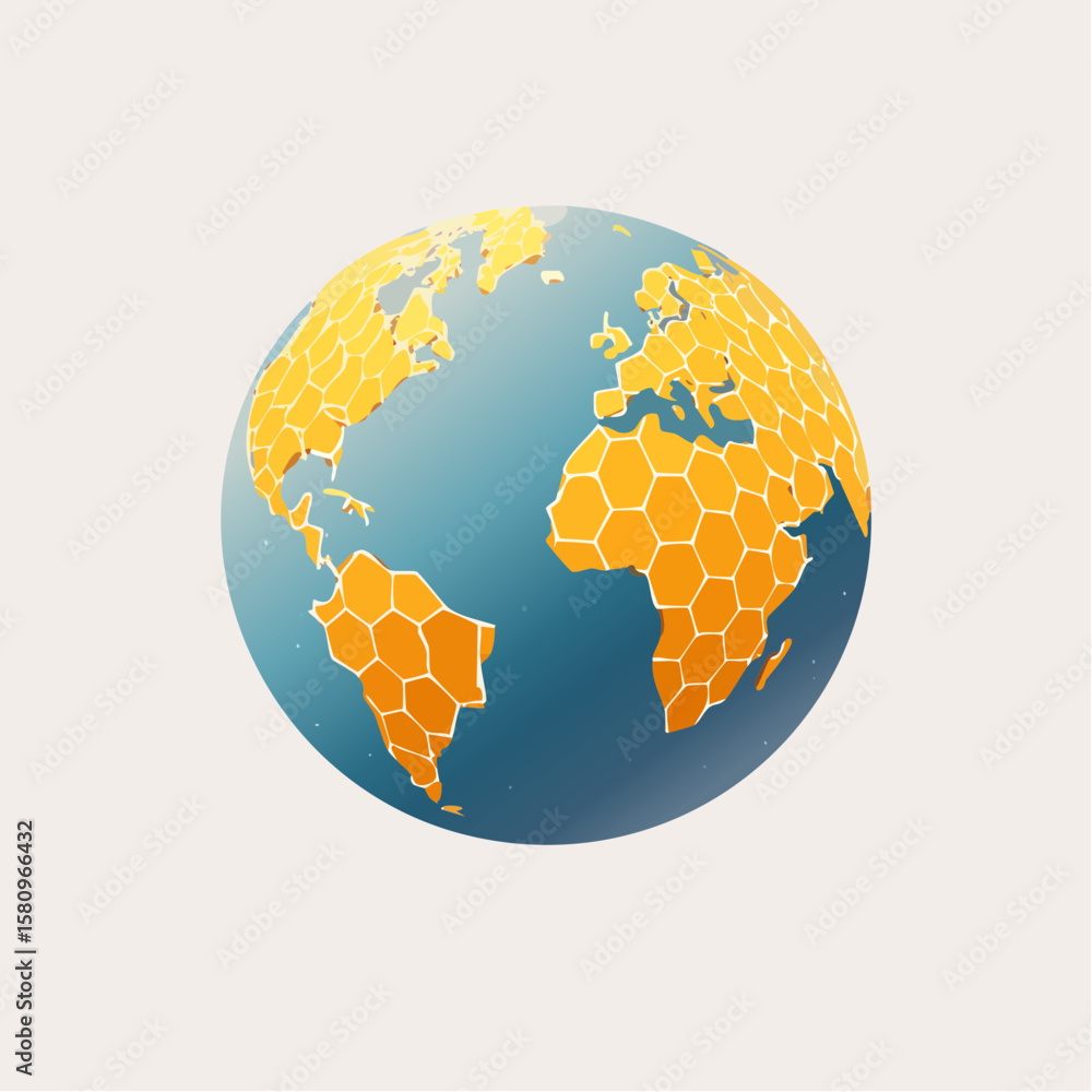 Poster earth globe made of interconnected hexagonal tiles is displayed