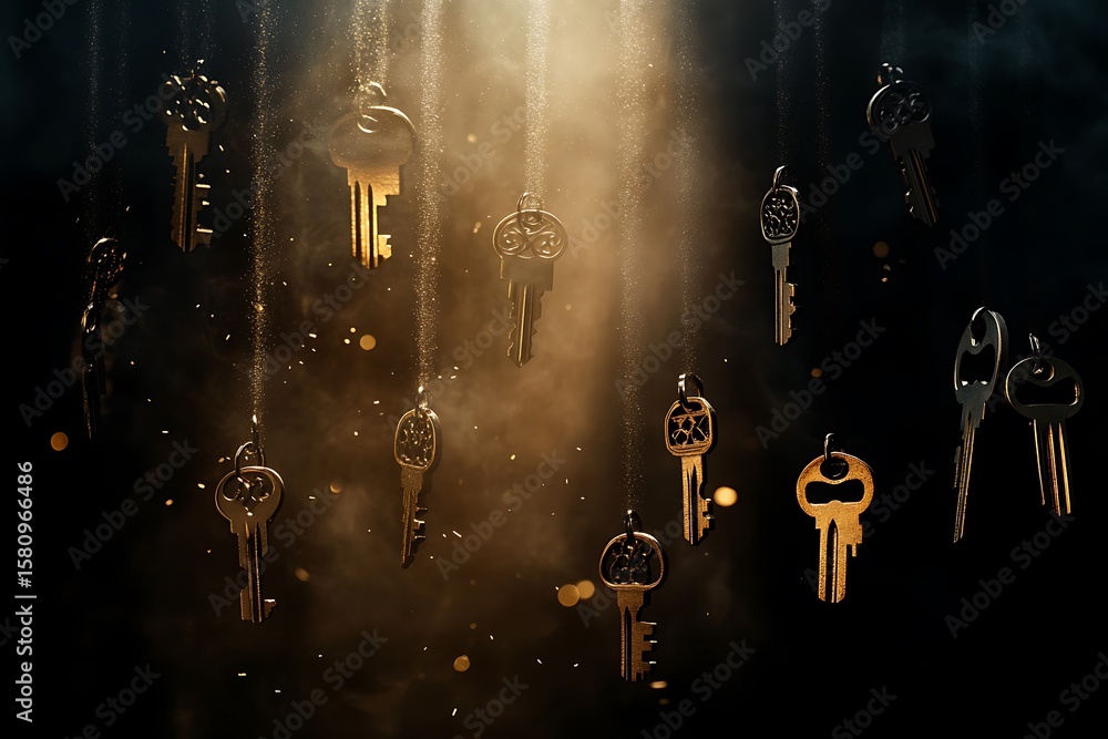 Poster old keys suspended mid-air in a dusty beam of light, slowly rotating with floating dust around