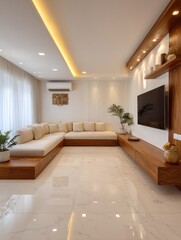 Modern light-filled living room with light-colored furniture and marble flooring