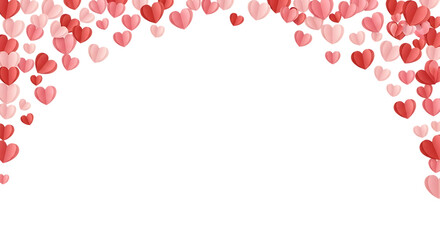 Illustration of a decorative border of pink and red paper hearts on a transparent background