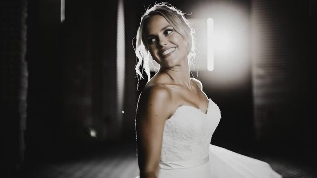 A bride in a strapless white wedding gown stands in dramatic lighting, gracefully holding both sides of her dress.
