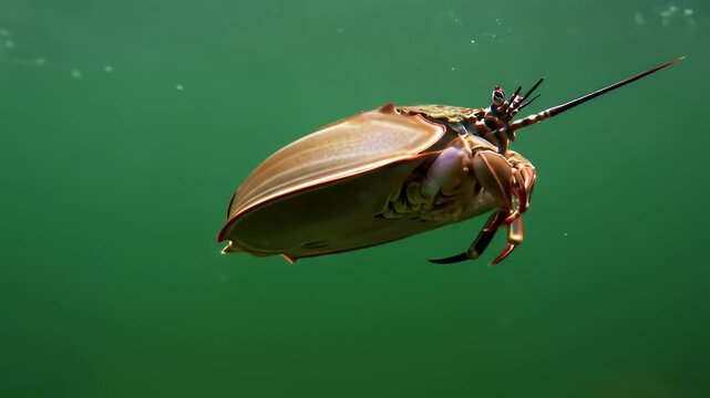 Ancient Horseshoe Crab (Limulus Polyphemus) Gliding Through Murky Green Ocean Depths