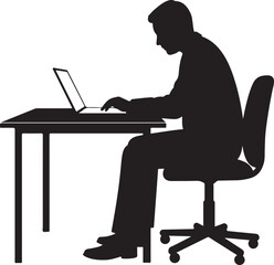 A vector illustration of a male silhouette working on a laptop at a desk in office setting