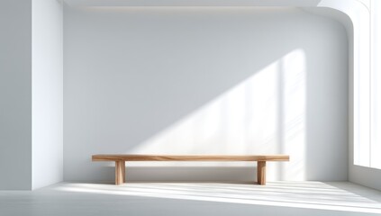 Minimalist white room with sunlight, wooden bench for product display