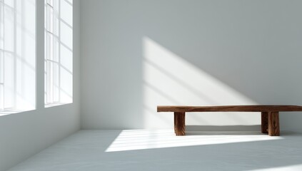 Sunlit minimalist white room with bench for brand presentation