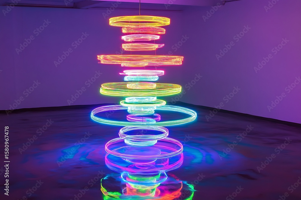 Poster stack of rotating neon rings suspended over a reflective floor, creating ripple-like light patterns
