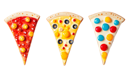 Colorful jelly candy pizza slices with assorted toppings