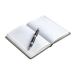 Open diary with pen placed diagonally, isolated on transparent background