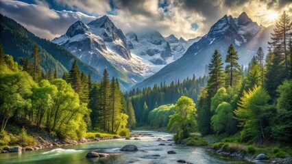 Serene Mountain River Valley Landscape with Lush Green Foliage and Majestic Snow-Capped Peaks at Sunrise