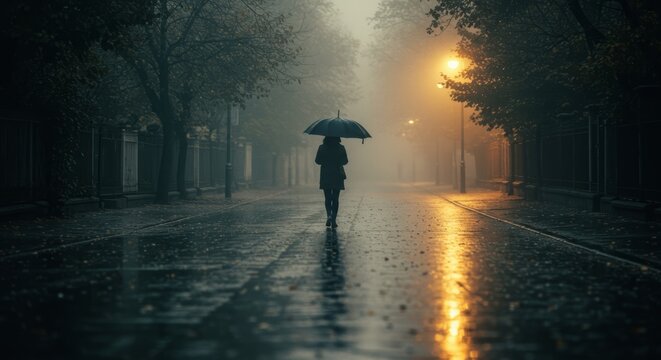 Solitary Figure Walking in Foggy City Street at Night