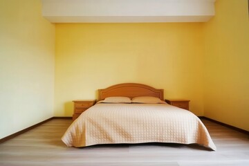 Interior bedroom, bed yellow wall 
