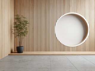 Modern studio - style large wooden wall with circular cutout and plant on gray floor