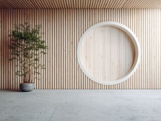 Modern studio - style large wooden wall with circular cutout and plant on gray floor