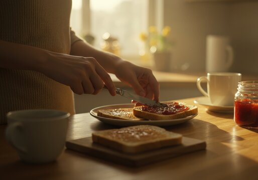 Woman Spreading Jam on Toast in Sunny Kitchen