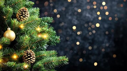 A stunning Christmas tree adorned with gold ornaments and pine cones illuminates the festive surroundings, creating a warm ambiance - Powered by Adobe