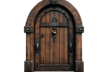 Unveiling a weathered ancient wooden door to forgotten realms inviting quests of old with its on transparent background