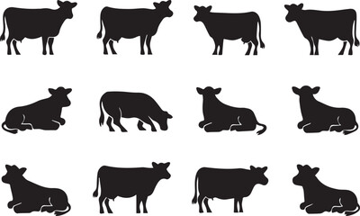 A Set of Cow Silhouette on White Background 