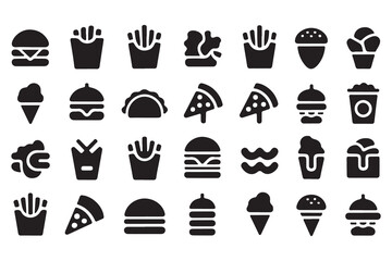 Fast food icons burgers fries ice cream pizza tacos drinks hamburger french fries
