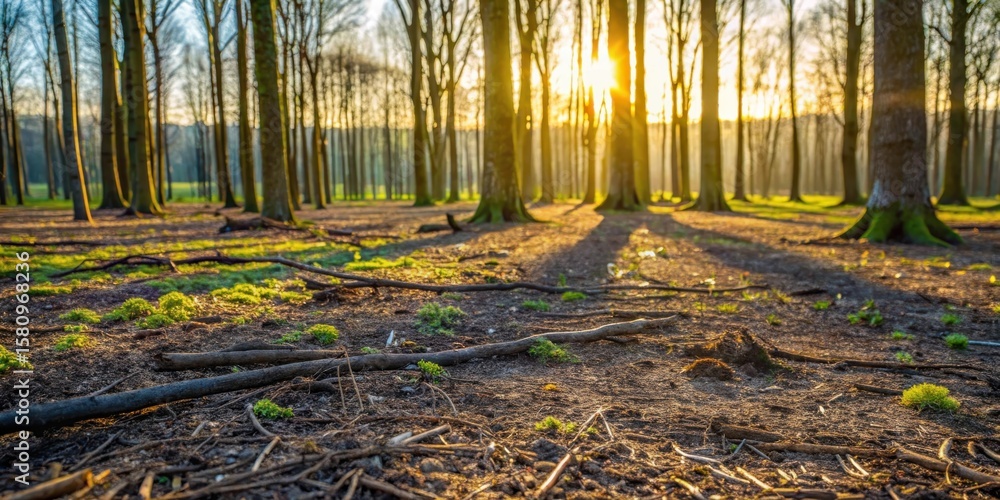 Poster golden hour serenity sunlight filtering through a dense forest, illuminating the forest floor with a