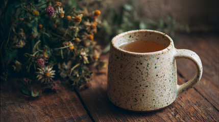 Warm Herbal Tea in Speckled Ceramic Mug on Wooden Table