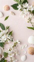 Flowers and seashells on a light pink background, space for text.