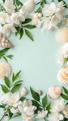 Flowers and seashells on a turquoise background, space for text.