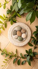 Circular stone with green leaves around it, background stones and green leaves on a beige background.