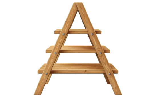 Showcase wooden ladder display shelves in a rustic country store setting with a simple A frame on transparent background