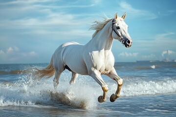 Obraz premium White horse galloping through seawater on a bright sunny beach day