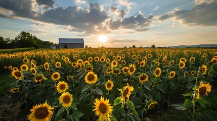 Fototapeta premium Sunflower Farm At Peak Bloom, With Thousands Of Tall Sunflowers Facing The Sun. The Sky Is Dramatic, With Scattered Clouds Casting Soft Shadows Across The Field. A Distant Bar